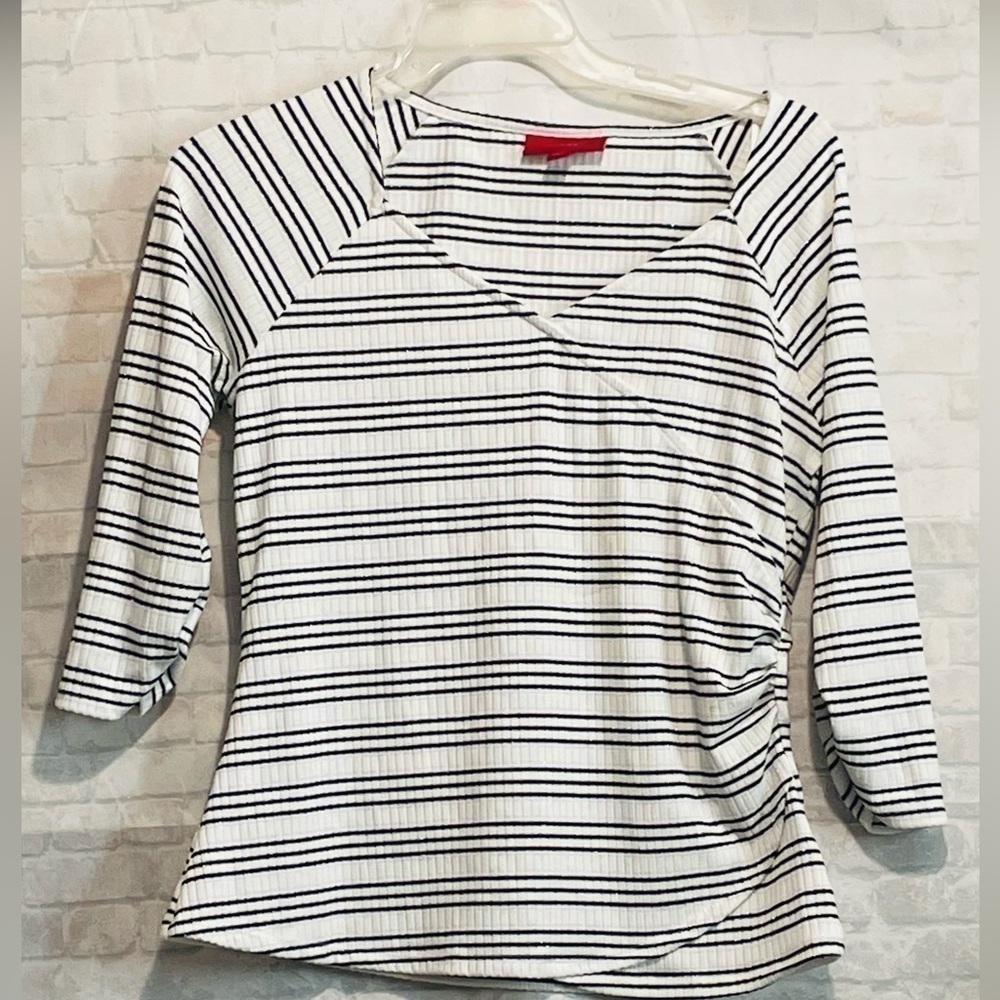 Jennifer Lopez Top, Xl, White Black Stripe 3/4 Sleeve Glitter Slight